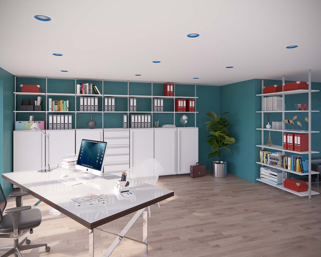 Modernes Arbeitszimmer NOX mit Schreibtisch, Raumteiler und großer Regalwand mit viel Ablagefläche und geschlossenen Schränken, ideal für produktives Arbeiten. Profile Silber, Böden und Schränke Weiß