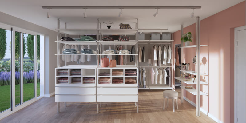 Begehbarer Kleiderschrank "Athen" - großes offenes Schranksystem mit integrierten Schminktisch, sehr vielen Kleiderstangen, Schubladen und Ablagen für ein geräumiges Ankleidezimmer ohne Kompromisse.