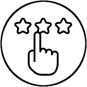 Eine Hand weist auf einen Kreis von drei Sternen hin, was für herausragende Leistungen und Bewertungen steht.