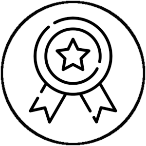 Schwarz-weißes Symbol eines Sterns mit einem Band, das Auszeichnung und Qualität darstellt.