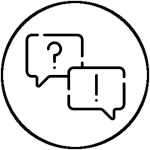 Zwei Sprechblasen mit Fragezeichen und Ausrufungszeichen in je einem Kreis, symbolisieren den Austausch von Fragen und Ideen.