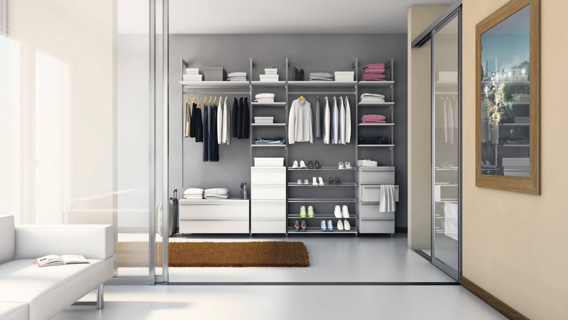 Schranksystem "Acapulco" - offener Kleiderschrank in Weiß mit viel Platz für Schuhe, vielen Schubladen sowie Kleiderstangen, individualisierbar für Ihre Ansprüche.