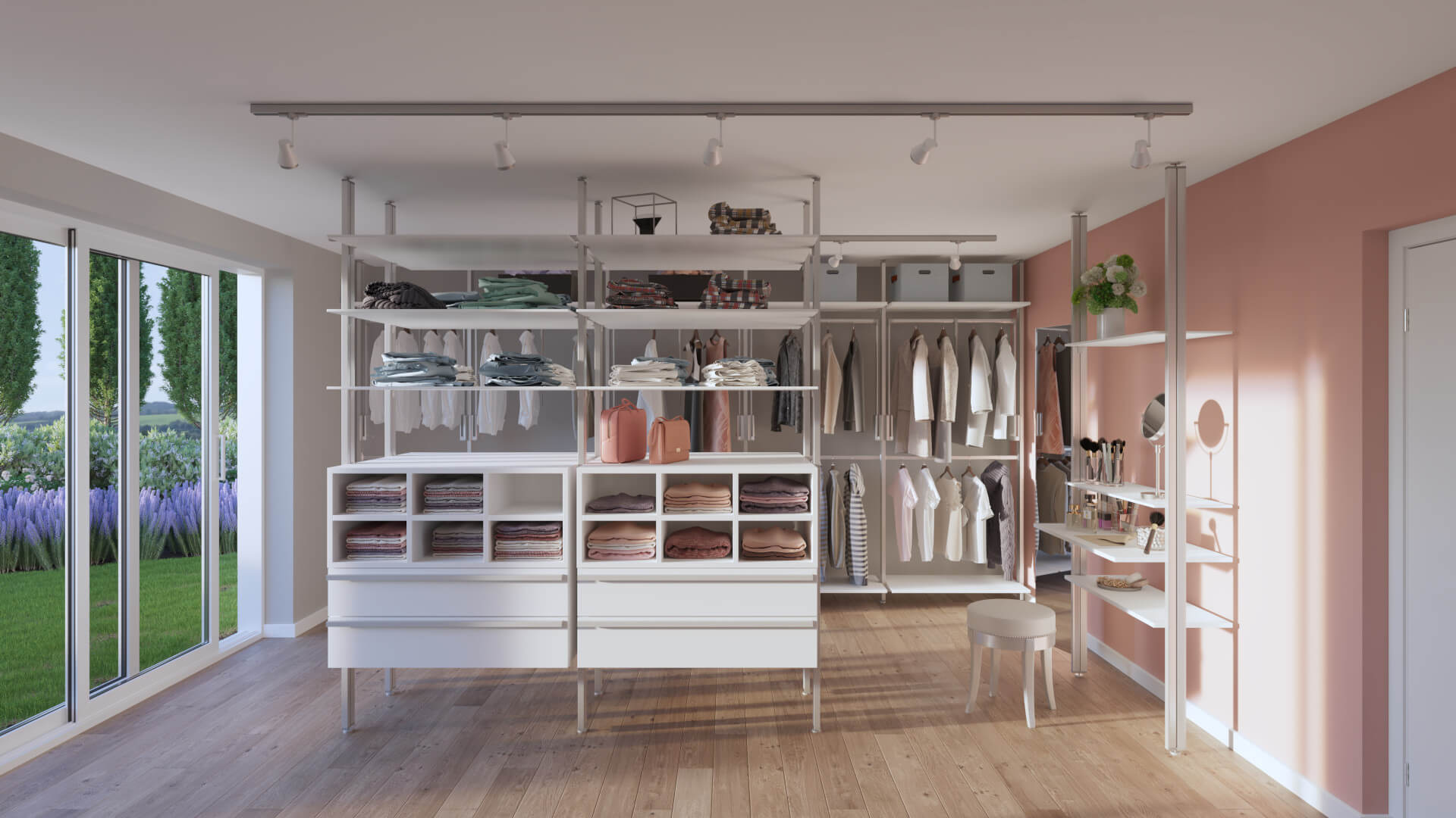 Begehbarer Kleiderschrank "Athen" von frank Schranksysteme - Weiß mit Schminktisch Begehbarer Kleiderschrank "Athen" - großes offenes Schranksystem mit integrierten Schminktisch, sehr vielen Kleiderstangen, Schubladen und Ablagen für ein geräumiges Ankleidezimmer ohne Kompromisse.