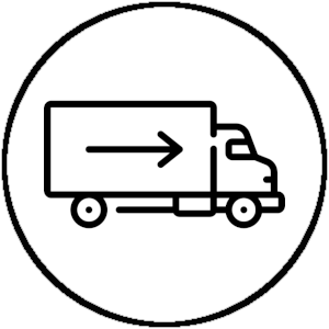 Schwarz-weißes Bild eines Lastwagens mit einem Pfeil, der darauf hinweist, dass die Ware mit einem LKW befördert wird.